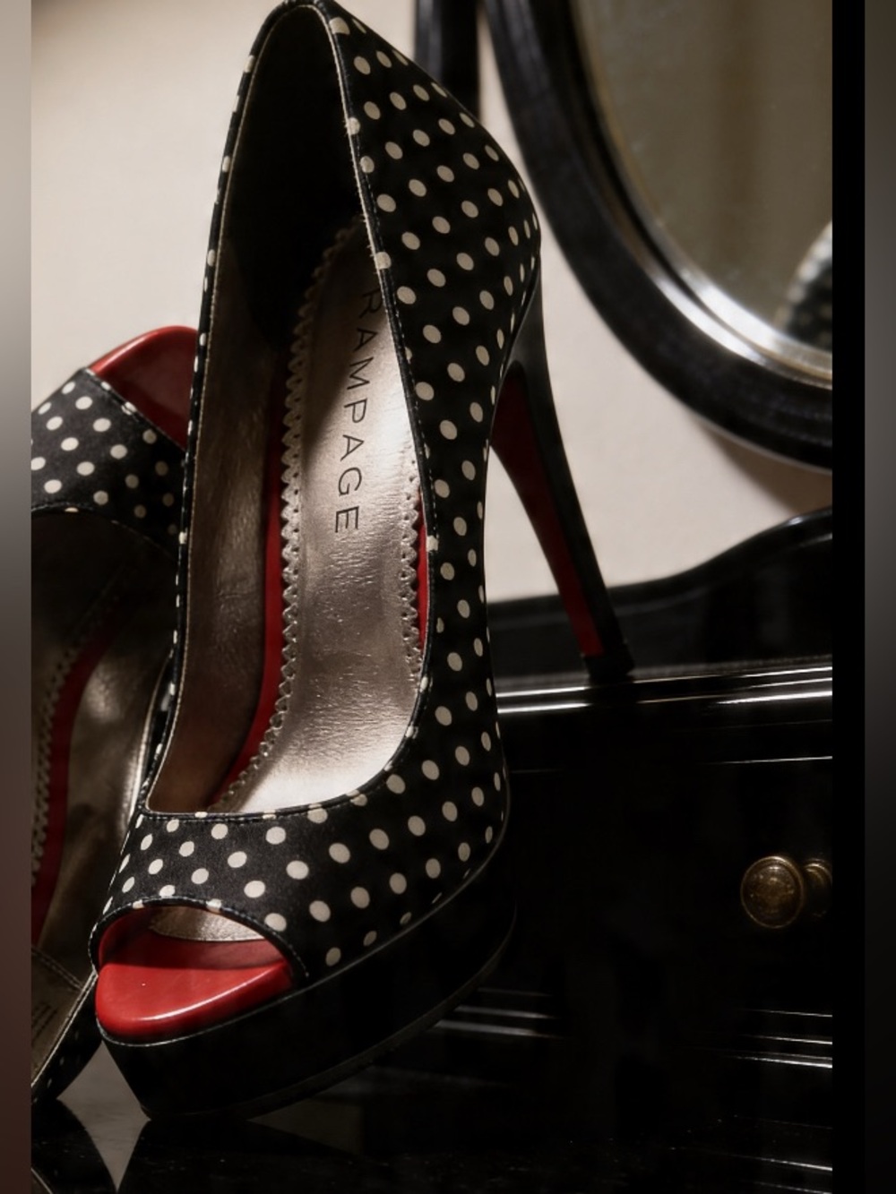Rampage Black & White Polka Dot Peep-Toe Heels with Red Toe